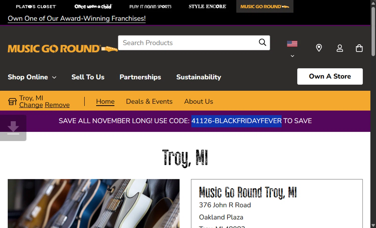 Music Go Round promo code screenshot showing code 41126-BLACKFRIDAYFEVER applied at Music Go Round checkout page. Uploaded by SimplyCodes community member 111111 on Nov 26, 2025