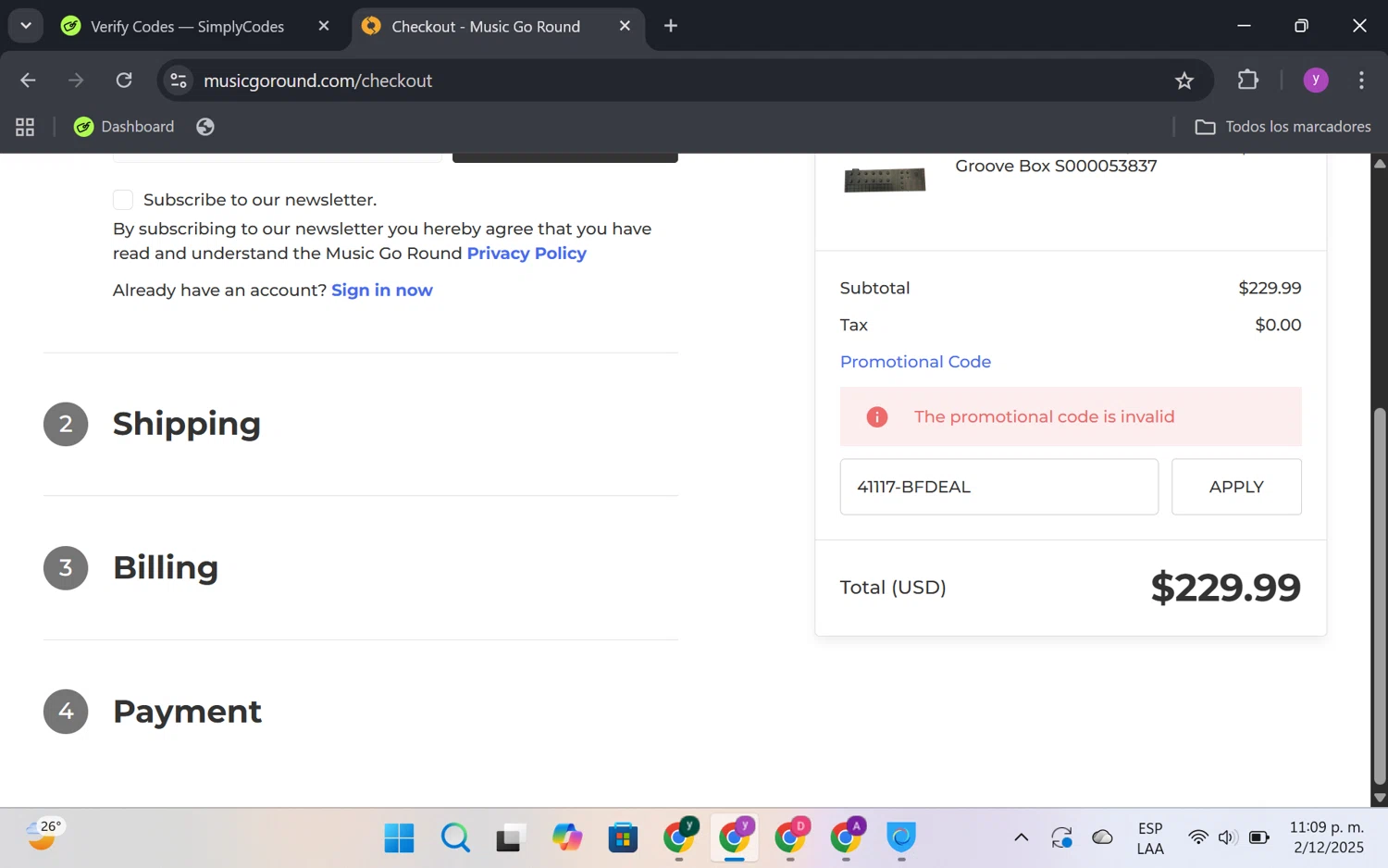 Music Go Round promo code screenshot showing code 41117-BFDEAL applied at Music Go Round checkout page. Uploaded by SimplyCodes community member FrugalKnight6753 on Dec 3, 2025