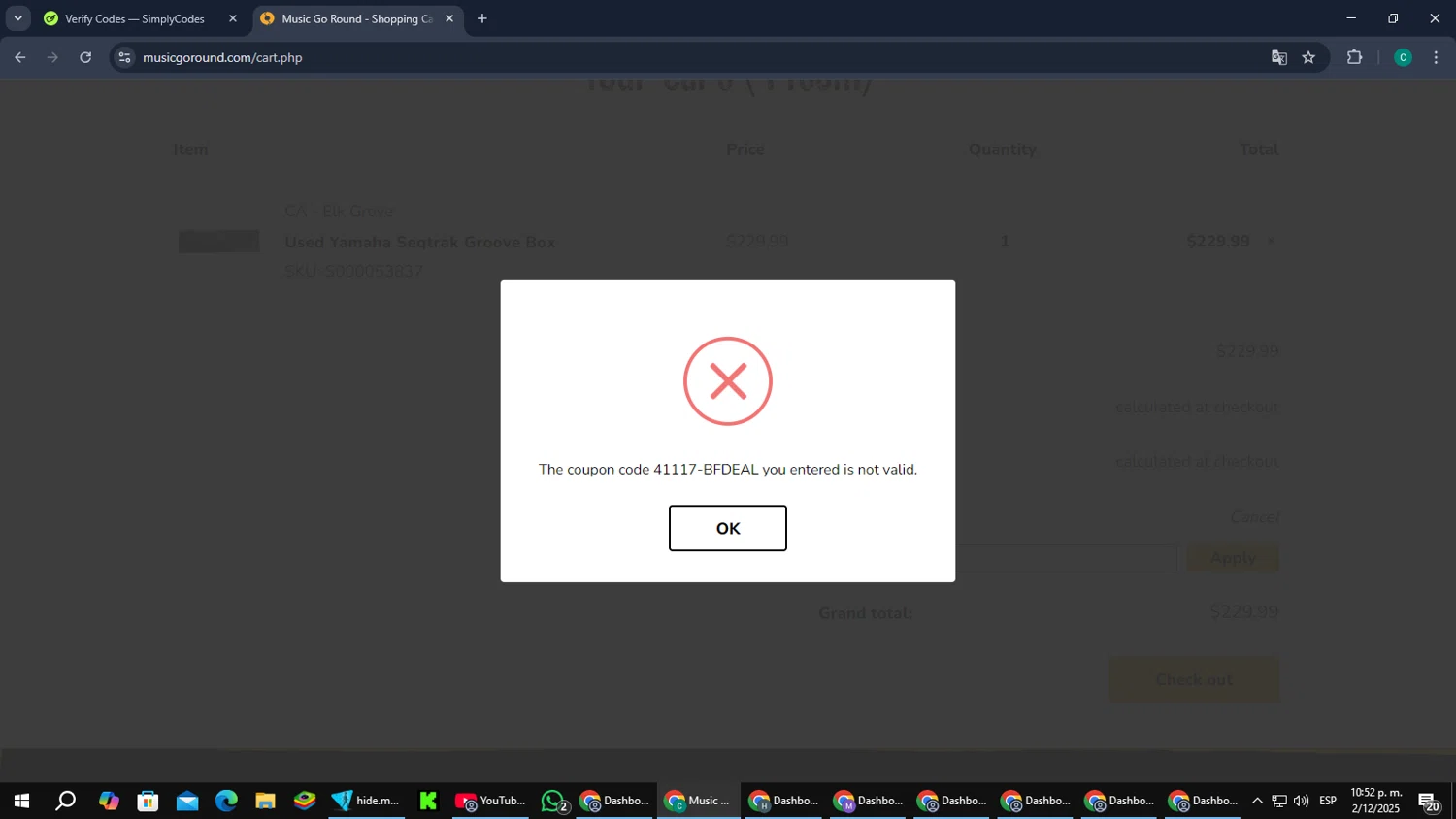 Music Go Round promo code screenshot showing code 41117-BFDEAL applied at Music Go Round checkout page. Uploaded by SimplyCodes community member PromoScout874 on Dec 3, 2025