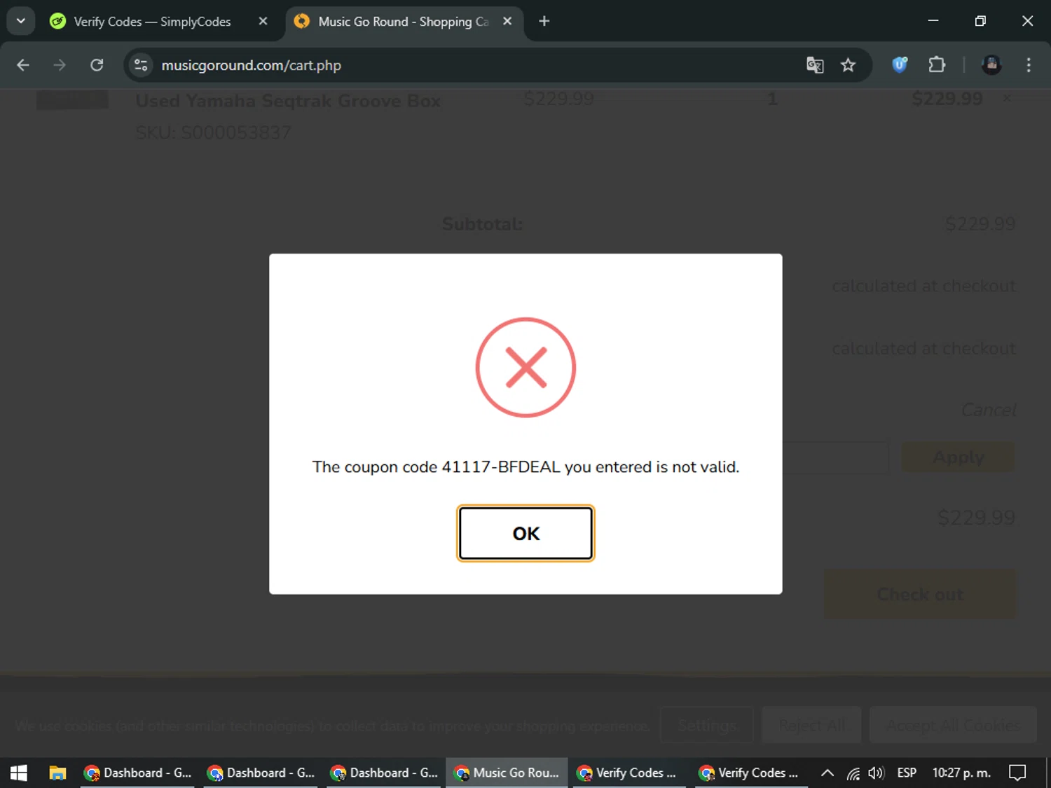 Music Go Round promo code screenshot showing code 41117-BFDEAL applied at Music Go Round checkout page. Uploaded by SimplyCodes community member ValueElite5945 on Dec 3, 2025