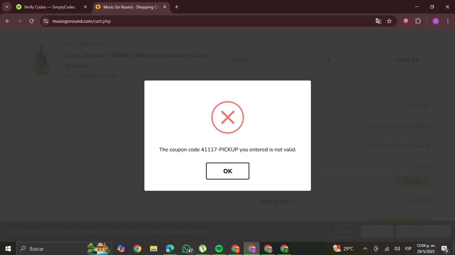 Music Go Round promo code screenshot showing code 41117-PICKUP applied at Music Go Round checkout page. Uploaded by SimplyCodes community member FrugalPro5078 on May 29, 2025