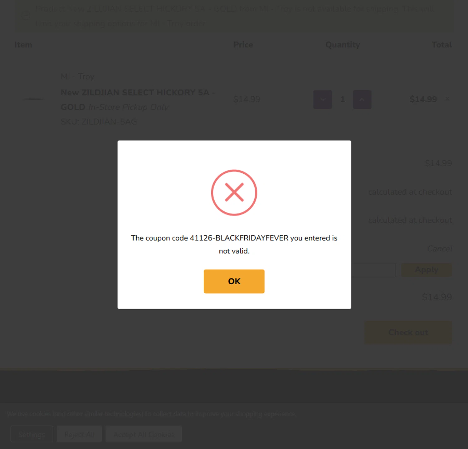 Music Go Round promo code screenshot showing code 41126-BLACKFRIDAYFEVER applied at Music Go Round checkout page. Uploaded by SimplyCodes community member BeaMartinez on Dec 2, 2025