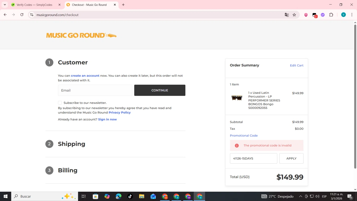 Music Go Round promo code screenshot showing code 41126-15DAYS applied at Music Go Round checkout page. Uploaded by SimplyCodes community member lyffytaro on Jan 3, 2026