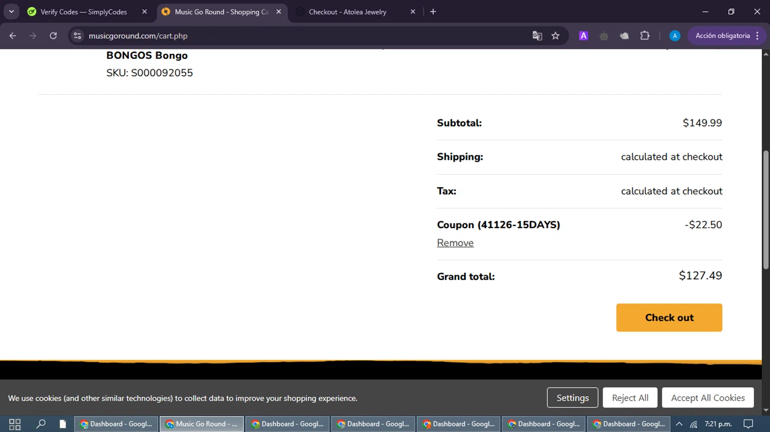 Music Go Round promo code screenshot showing code 41126-15DAYS applied at Music Go Round checkout page. Uploaded by SimplyCodes community member maximoarquimedes on Dec 29, 2025