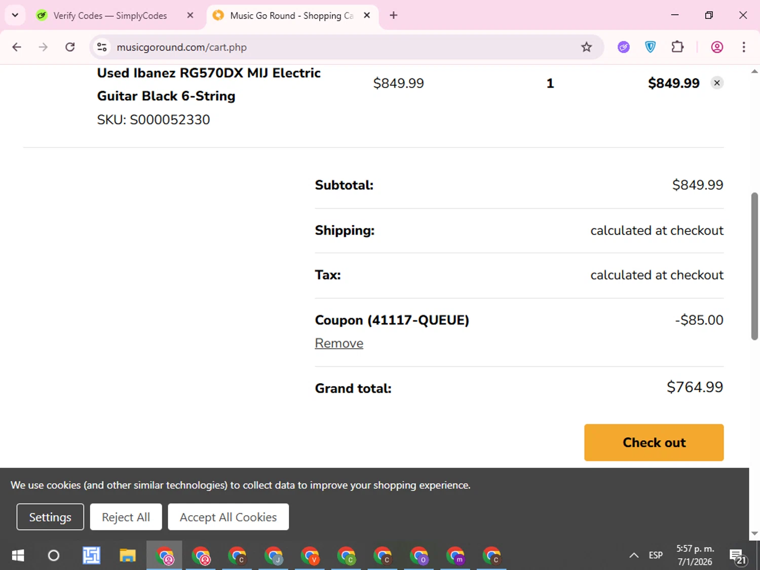 Music Go Round promo code screenshot showing code 41117-QUEUE applied at Music Go Round checkout page. Uploaded by SimplyCodes community member QuestCurator1644 on Jan 7, 2026