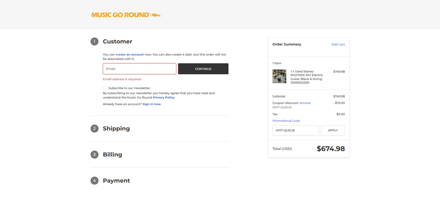 Music Go Round promo code screenshot showing code 41117-QUEUE applied at Music Go Round checkout page. Uploaded by SimplyCodes community member ValiantCollector5333 on Jan 14, 2026