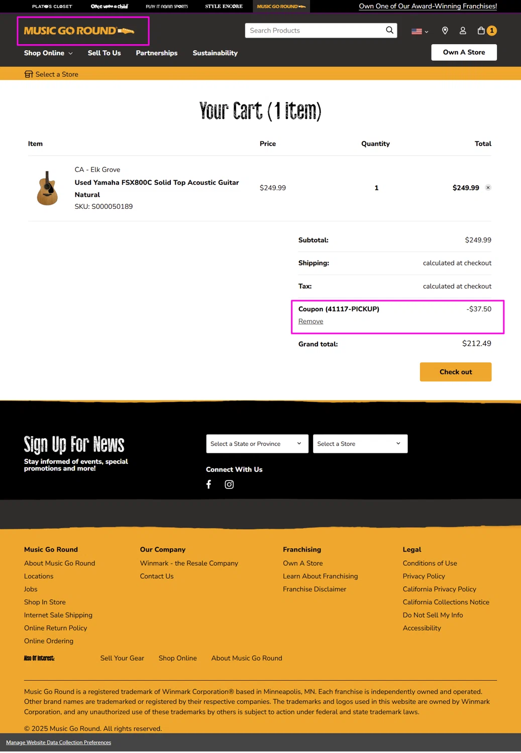 Music Go Round promo code screenshot showing code 41117-PICKUP applied at Music Go Round checkout page. Uploaded by SimplyCodes community member mrdarcy on May 24, 2025