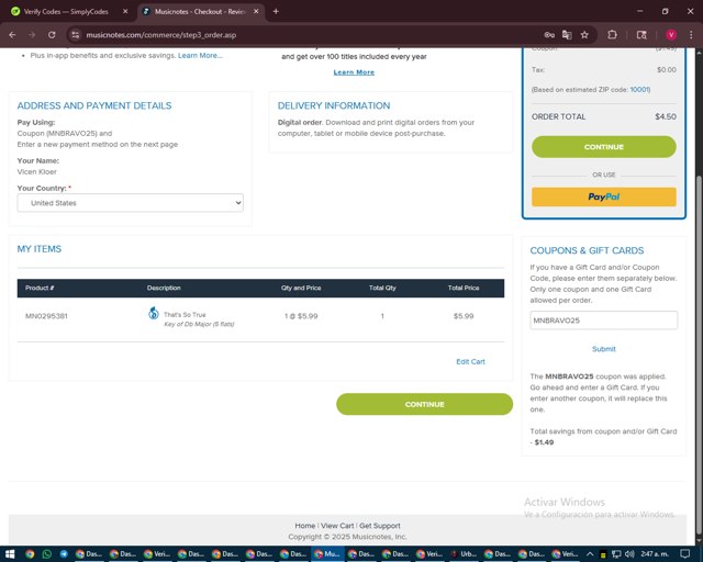 Musicnotes checkout page showing Musicnotes promo code box | Screenshot taken by SimplyCodes community member on Aug 31, 2025