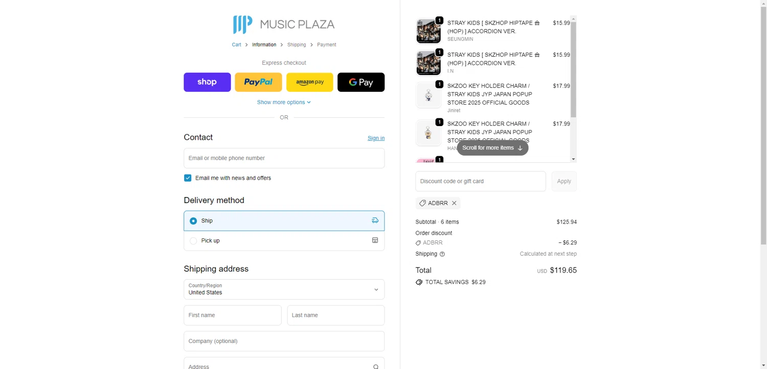 Music Plaza checkout page showing Music Plaza discount code box | Screenshot taken by SimplyCodes community member on Feb 4, 2026