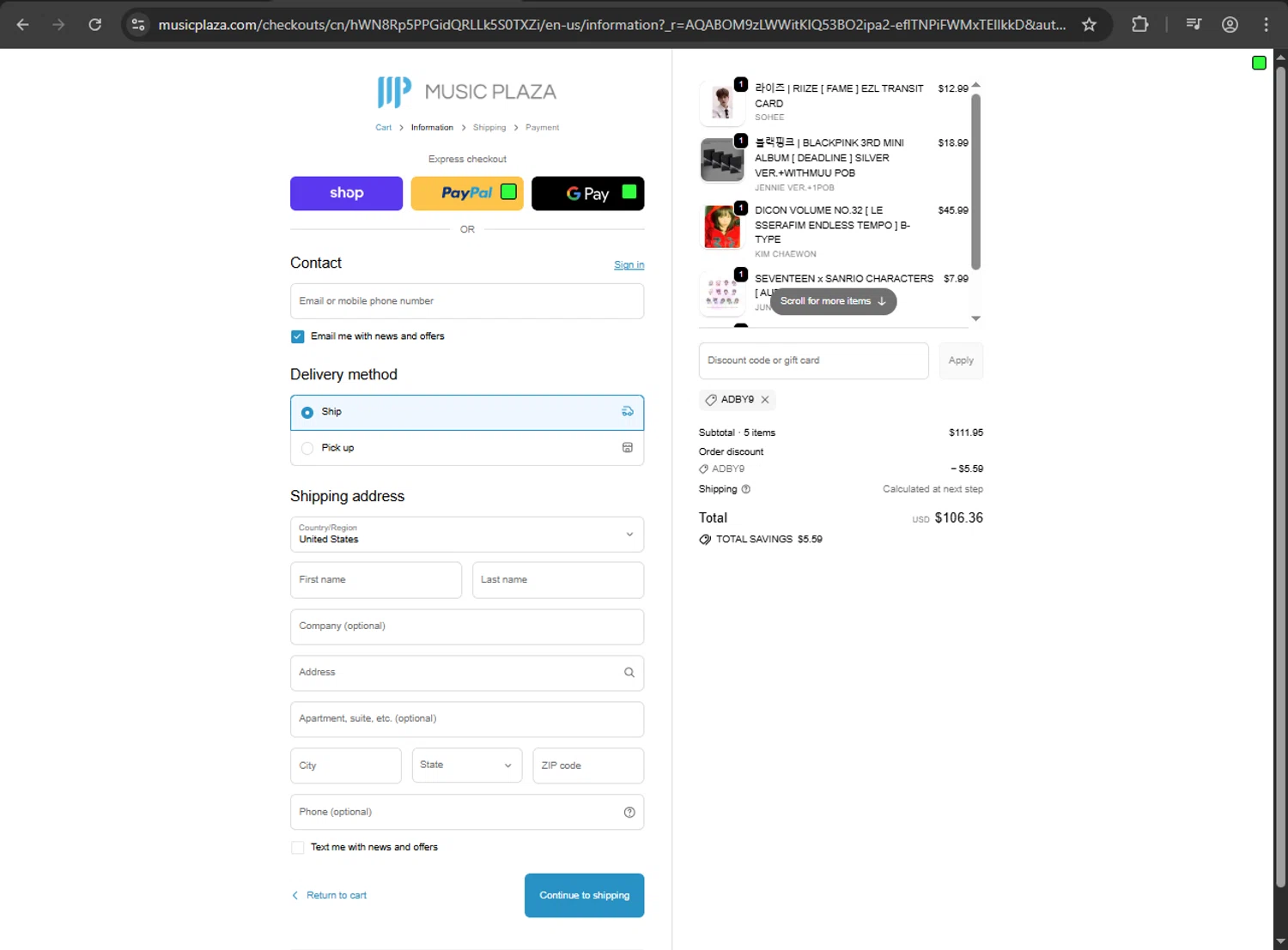 Music Plaza checkout page showing Music Plaza discount code box | Screenshot taken by SimplyCodes community member on Feb 5, 2026