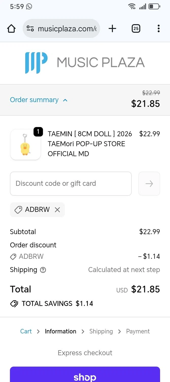 Music Plaza discount code screenshot showing code ADBRW applied at Music Plaza checkout page. Uploaded by SimplyCodes community member franksanchez on Jan 31, 2026