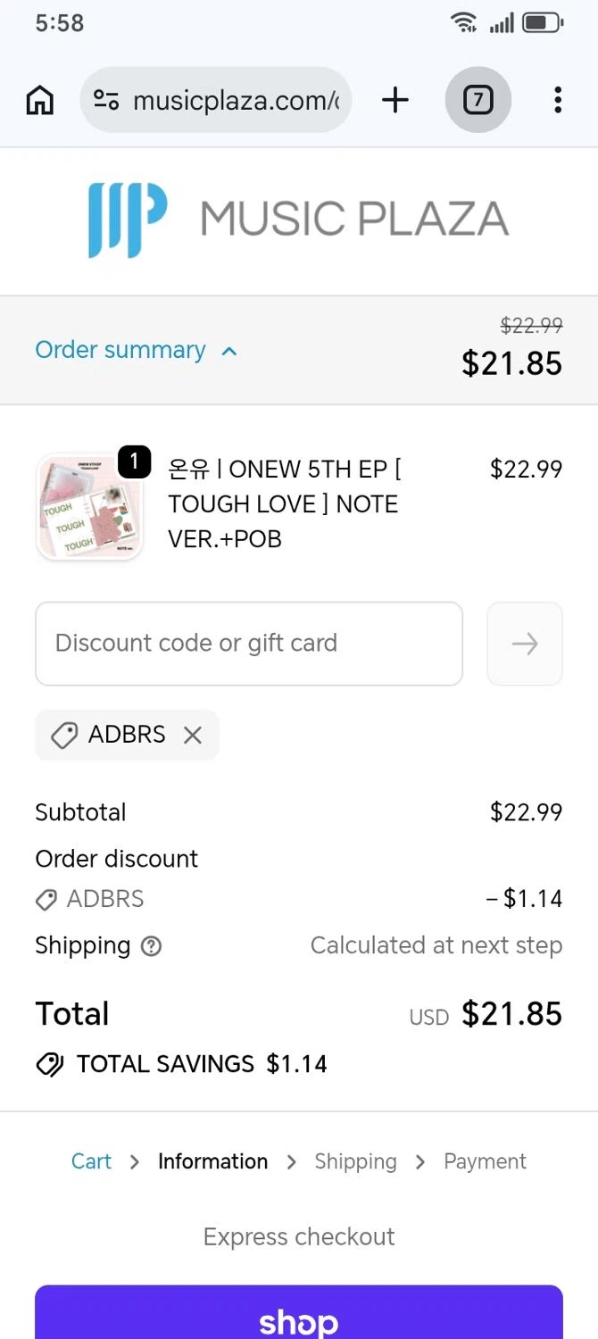 Music Plaza promo code screenshot showing code ADBRS applied at Music Plaza checkout page. Uploaded by SimplyCodes community member franksanchez on Feb 21, 2026