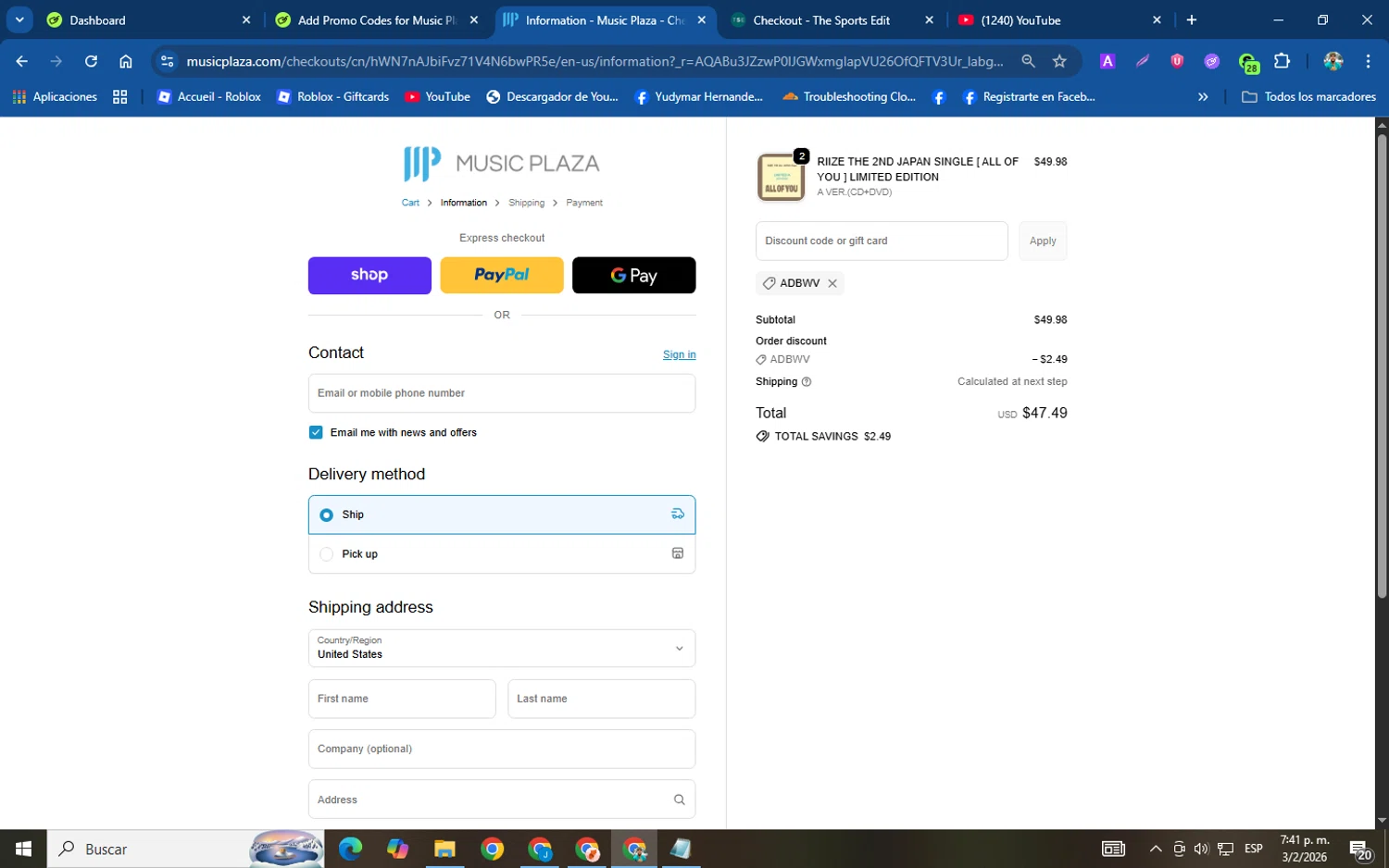 Music Plaza discount code screenshot showing code ADBWV applied at Music Plaza checkout page. Uploaded by SimplyCodes community member helicoide on Feb 3, 2026