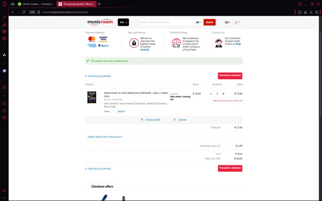 MusicRoom.com checkout page showing MusicRoom.com discount code box | Screenshot taken by SimplyCodes community member on Aug 9, 2025