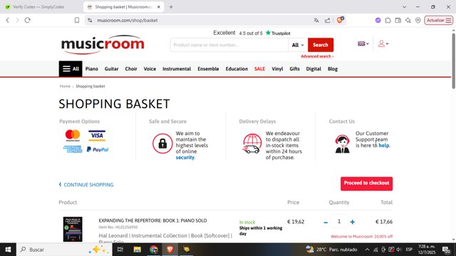 MusicRoom.com checkout page showing MusicRoom.com discount code box | Screenshot taken by SimplyCodes community member on Jul 12, 2025