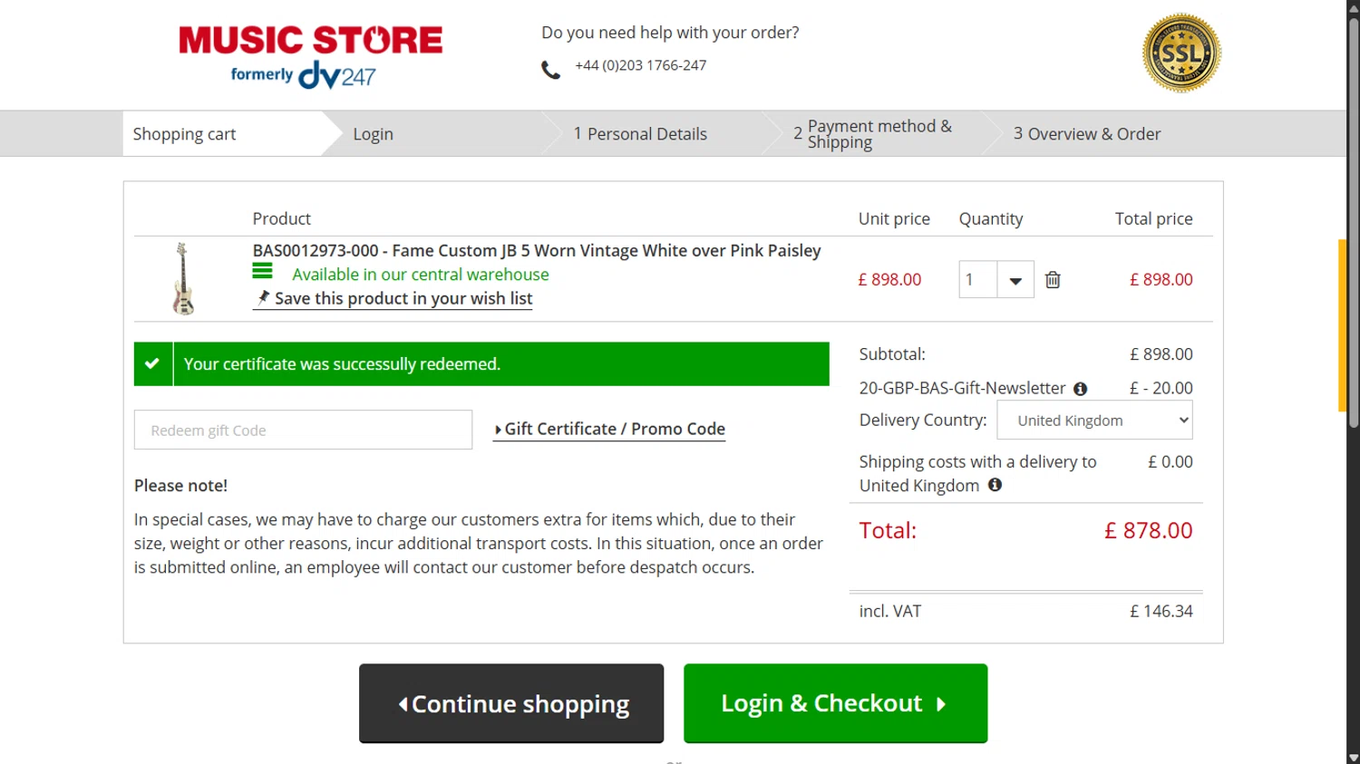 Music Store Professional promo code screenshot showing code BAS20CMGB applied at Music Store Professional checkout page. Uploaded by SimplyCodes community member ______________ on Nov 4, 2025