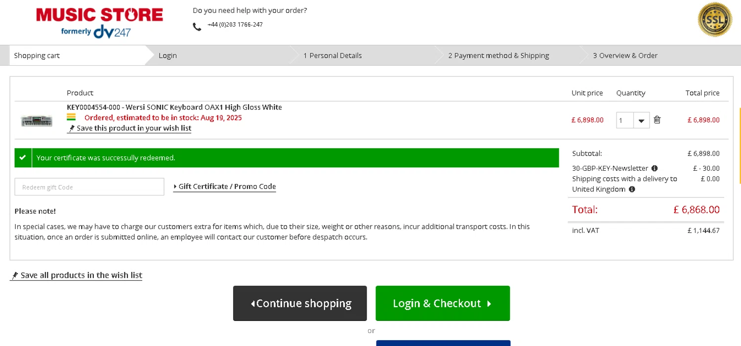 Music Store Professional checkout page showing Music Store Professional promo code box | Screenshot taken by SimplyCodes community member on Aug 2, 2025
