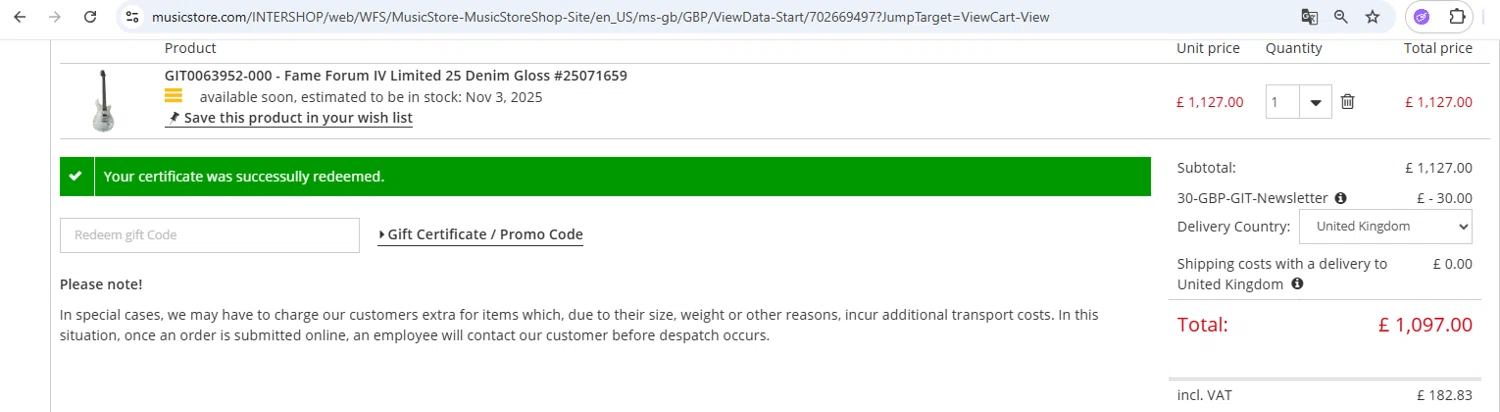 Music Store Professional checkout page showing Music Store Professional promo code box | Screenshot taken by SimplyCodes community member on Oct 21, 2025