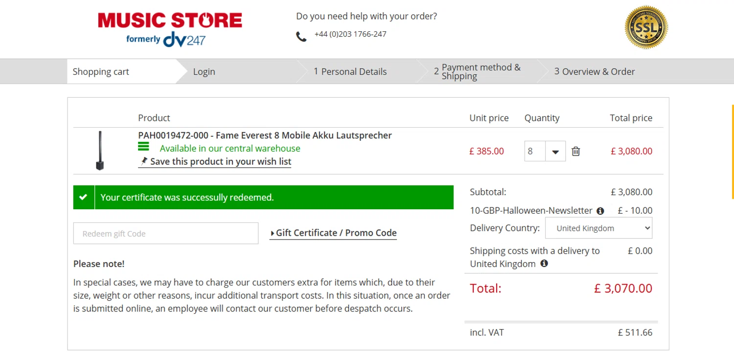 Music Store Professional checkout page showing Music Store Professional promo code box | Screenshot taken by SimplyCodes community member on Oct 23, 2025