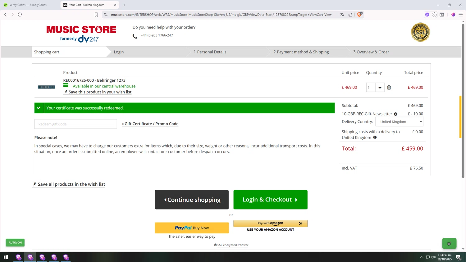 Music Store Professional checkout page showing Music Store Professional promo code box | Screenshot taken by SimplyCodes community member on Oct 29, 2025