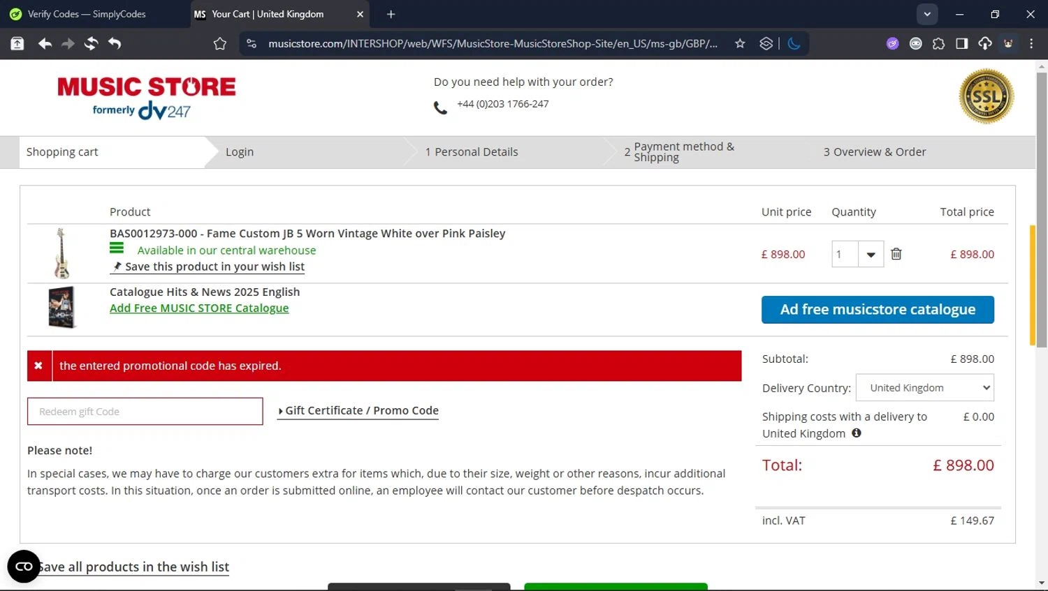 Music Store Professional promo code screenshot showing code BAS20CMGB applied at Music Store Professional checkout page. Uploaded by SimplyCodes community member User_Randon1 on Nov 11, 2025