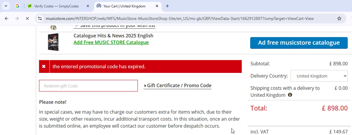 Music Store Professional promo code screenshot showing code BAS20CMGB applied at Music Store Professional checkout page. Uploaded by SimplyCodes community member VoucherGuardian4807 on Nov 11, 2025