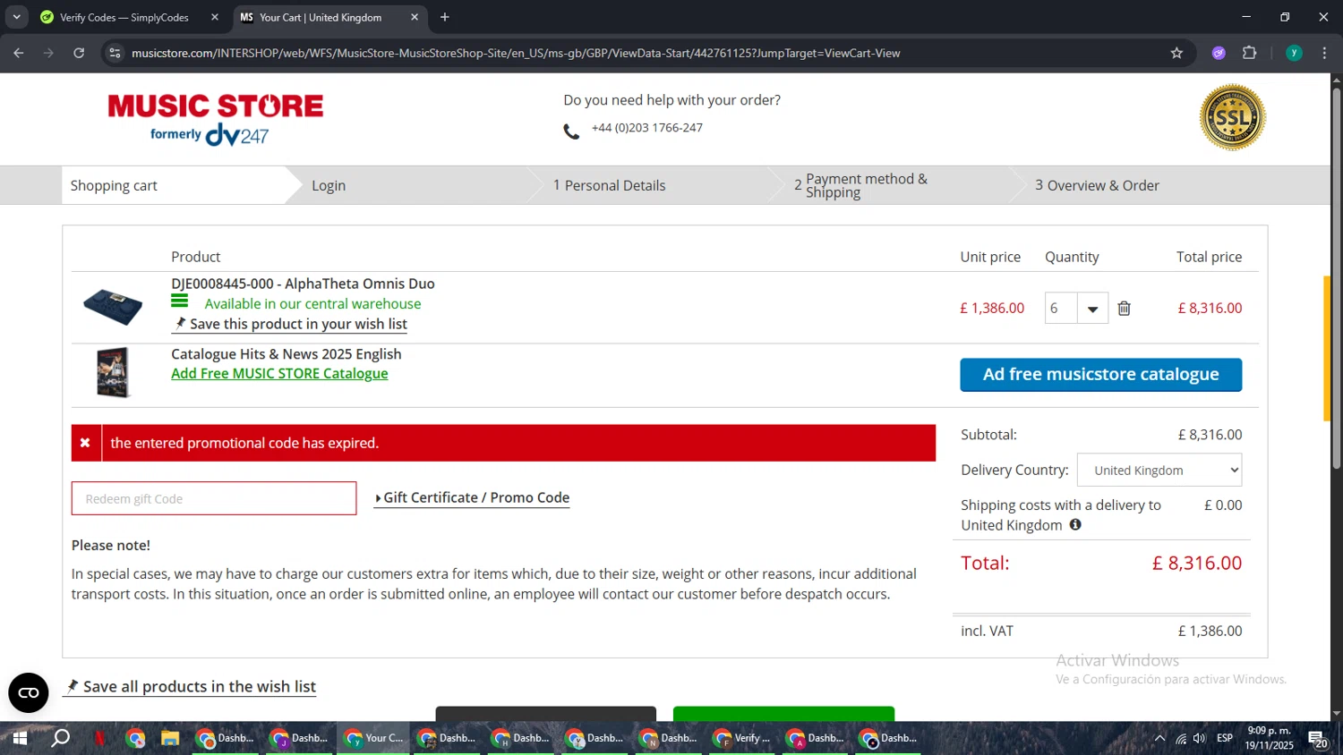 Music Store Professional promo code screenshot showing code PNR10ATGB applied at Music Store Professional checkout page. Uploaded by SimplyCodes community member FrugalCaptain6906 on Nov 20, 2025