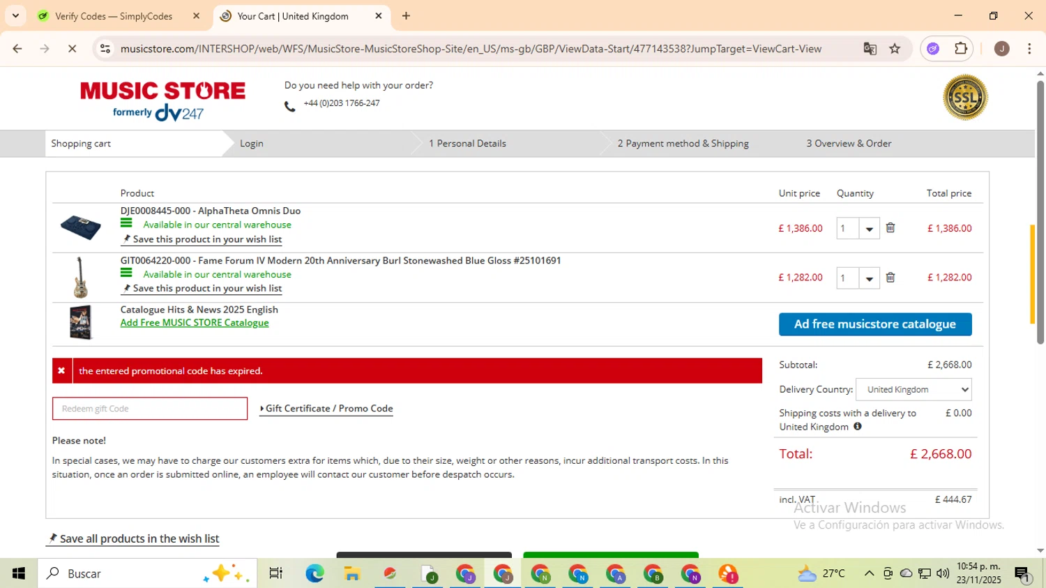 Music Store Professional promo code screenshot showing code FMA30BSGB applied at Music Store Professional checkout page. Uploaded by SimplyCodes community member ValiantHero2365 on Nov 24, 2025