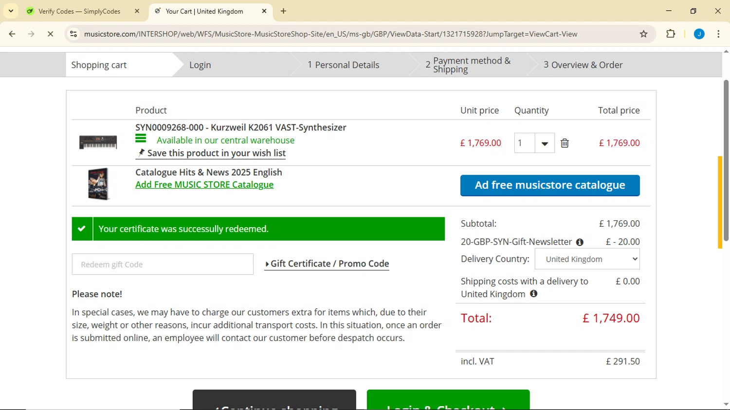 Music Store Professional checkout page showing Music Store Professional promo code box | Screenshot taken by SimplyCodes community member on Nov 27, 2025