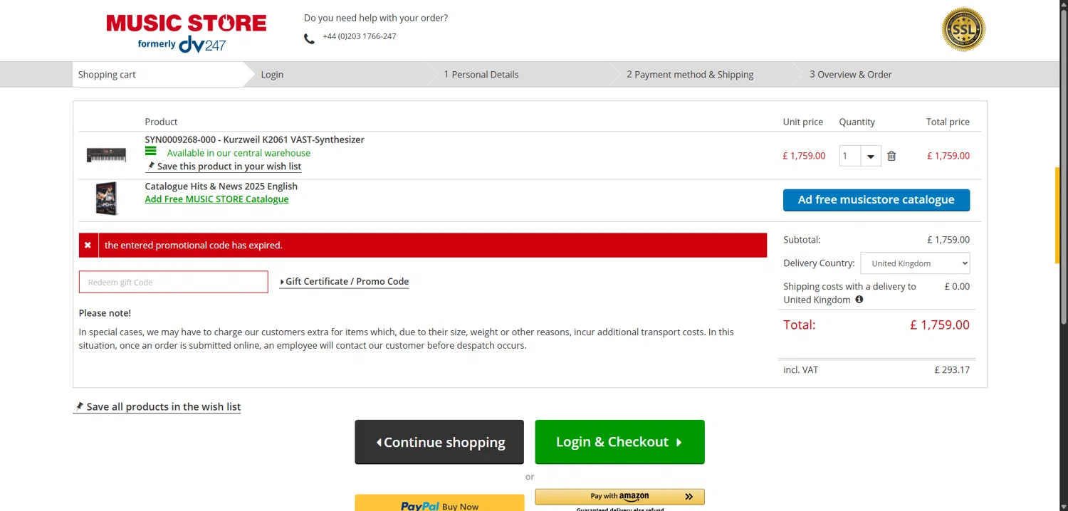 Music Store Professional promo code screenshot showing code YAM20SNGB applied at Music Store Professional checkout page. Uploaded by SimplyCodes community member ShieldMaverick9079 on Dec 1, 2025