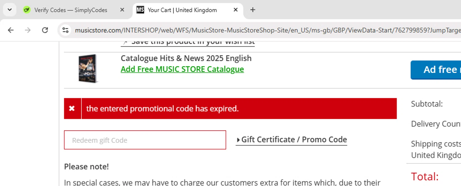 Music Store Professional promo code screenshot showing code YAM20SNGB applied at Music Store Professional checkout page. Uploaded by SimplyCodes community member luispepe on Dec 1, 2025