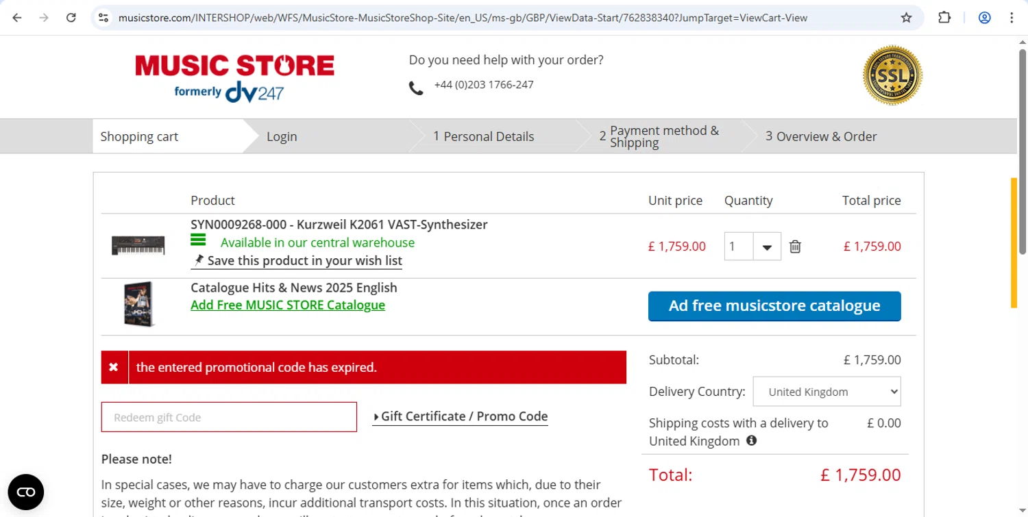 Music Store Professional promo code screenshot showing code YAM20SNGB applied at Music Store Professional checkout page. Uploaded by SimplyCodes community member nikelson on Dec 1, 2025