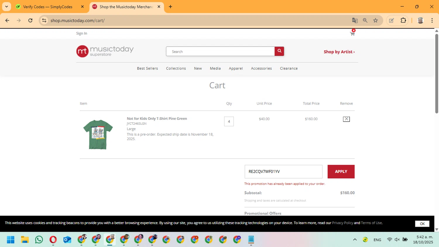 Musictoday promo code screenshot showing code RE2CQV7WF01YV applied at Musictoday checkout page. Uploaded by SimplyCodes community member ManuelF on Oct 18, 2025