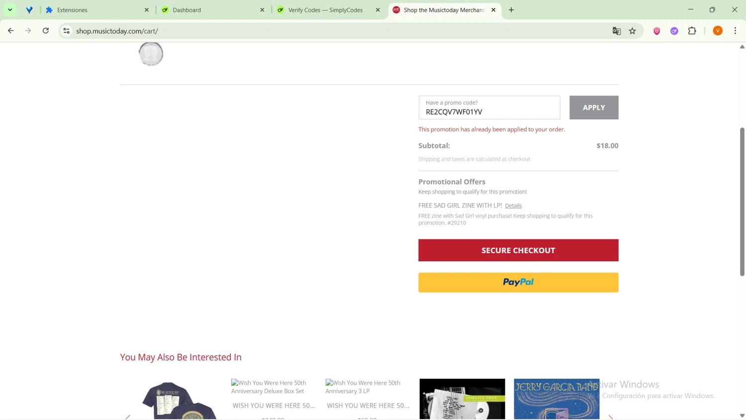 Musictoday promo code screenshot showing code RE2CQV7WF01YV applied at Musictoday checkout page. Uploaded by SimplyCodes community member MightyPro2893 on Sep 14, 2025