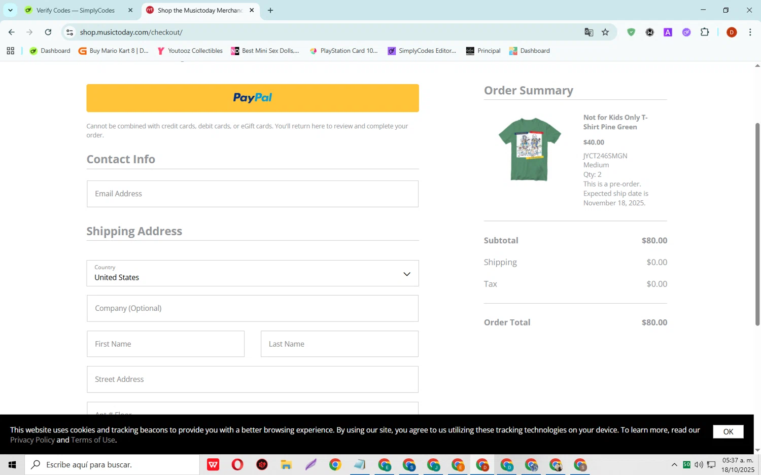 Musictoday promo code screenshot showing code RE2CQV7WF01YV applied at Musictoday checkout page. Uploaded by SimplyCodes community member SaleSaver3540 on Oct 18, 2025
