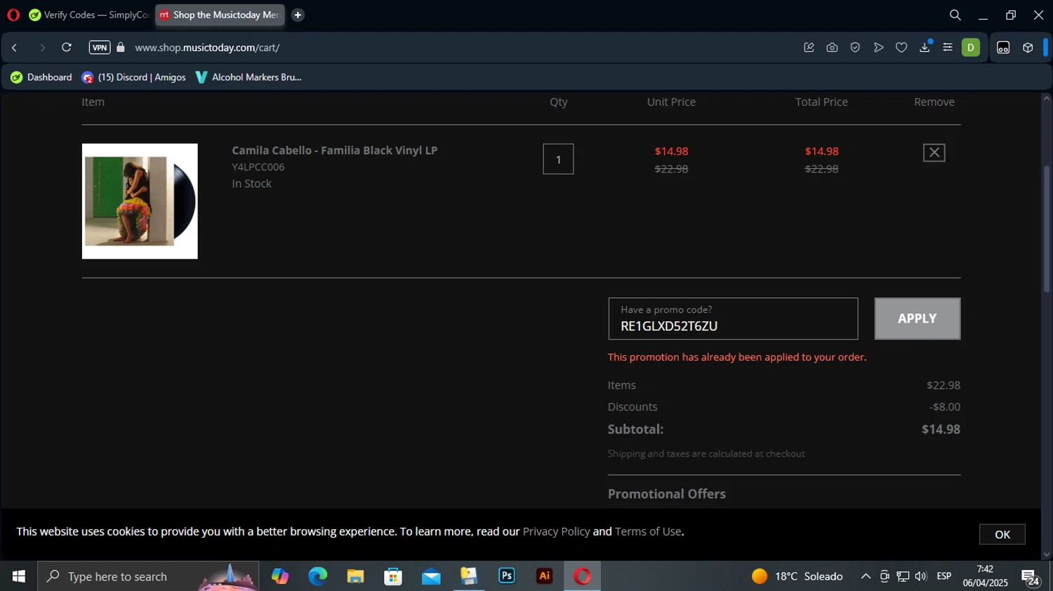 Musictoday promo code screenshot showing code RE1GLXD52T6ZU applied at Musictoday checkout page. Uploaded by SimplyCodes community member TuAmigoRed on Apr 6, 2025