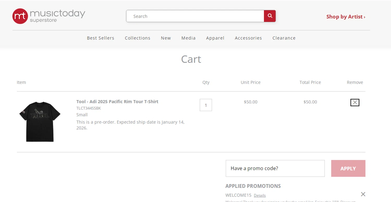 Musictoday promo code screenshot showing code NKB44GNS applied at Musictoday checkout page. Uploaded by SimplyCodes community member Alofoke on Dec 3, 2025