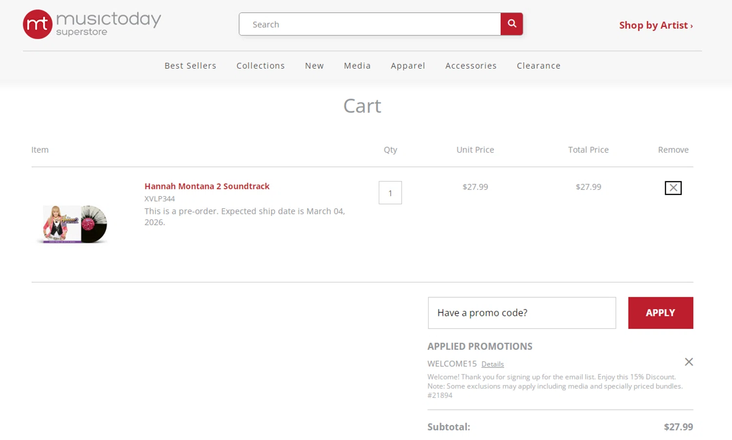 Musictoday promo code screenshot showing code PGDCQCNC applied at Musictoday checkout page. Uploaded by SimplyCodes community member Alofoke on Jan 4, 2026