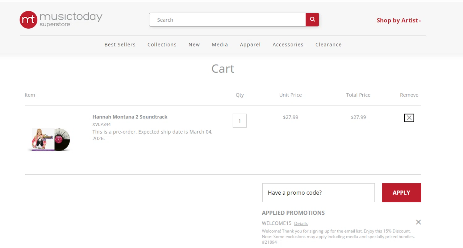 Musictoday promo code screenshot showing code HFFKKDNM applied at Musictoday checkout page. Uploaded by SimplyCodes community member Alofoke on Jan 5, 2026