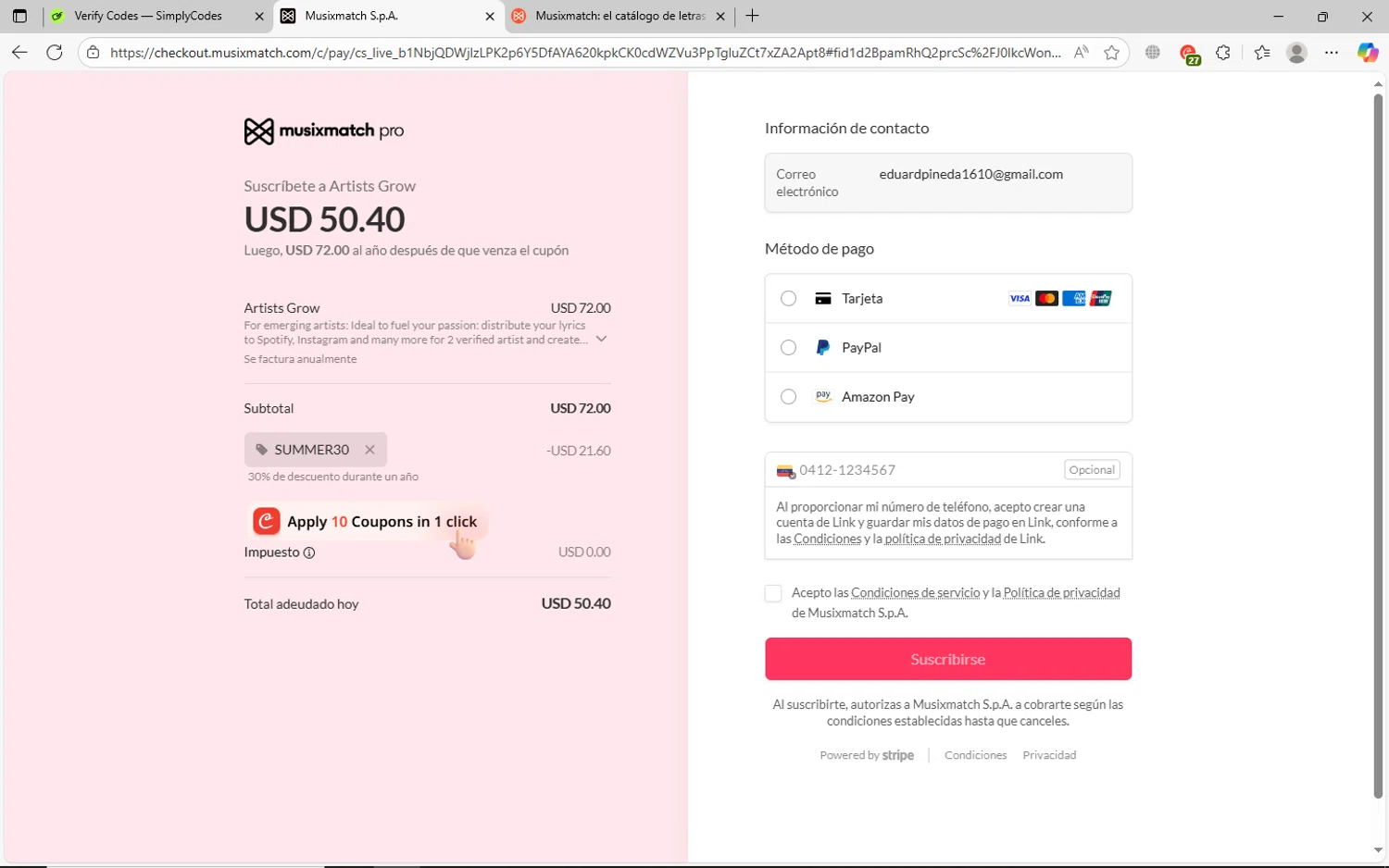 Musixmatch promo code screenshot showing code SUMMER30 applied at Musixmatch checkout page. Uploaded by SimplyCodes community member jechtff10 on Aug 19, 2025
