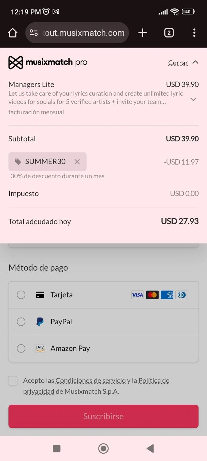 Musixmatch promo code screenshot showing code SUMMER30 applied at Musixmatch checkout page. Uploaded by SimplyCodes community member juliocoronel038ef0f on Aug 11, 2025