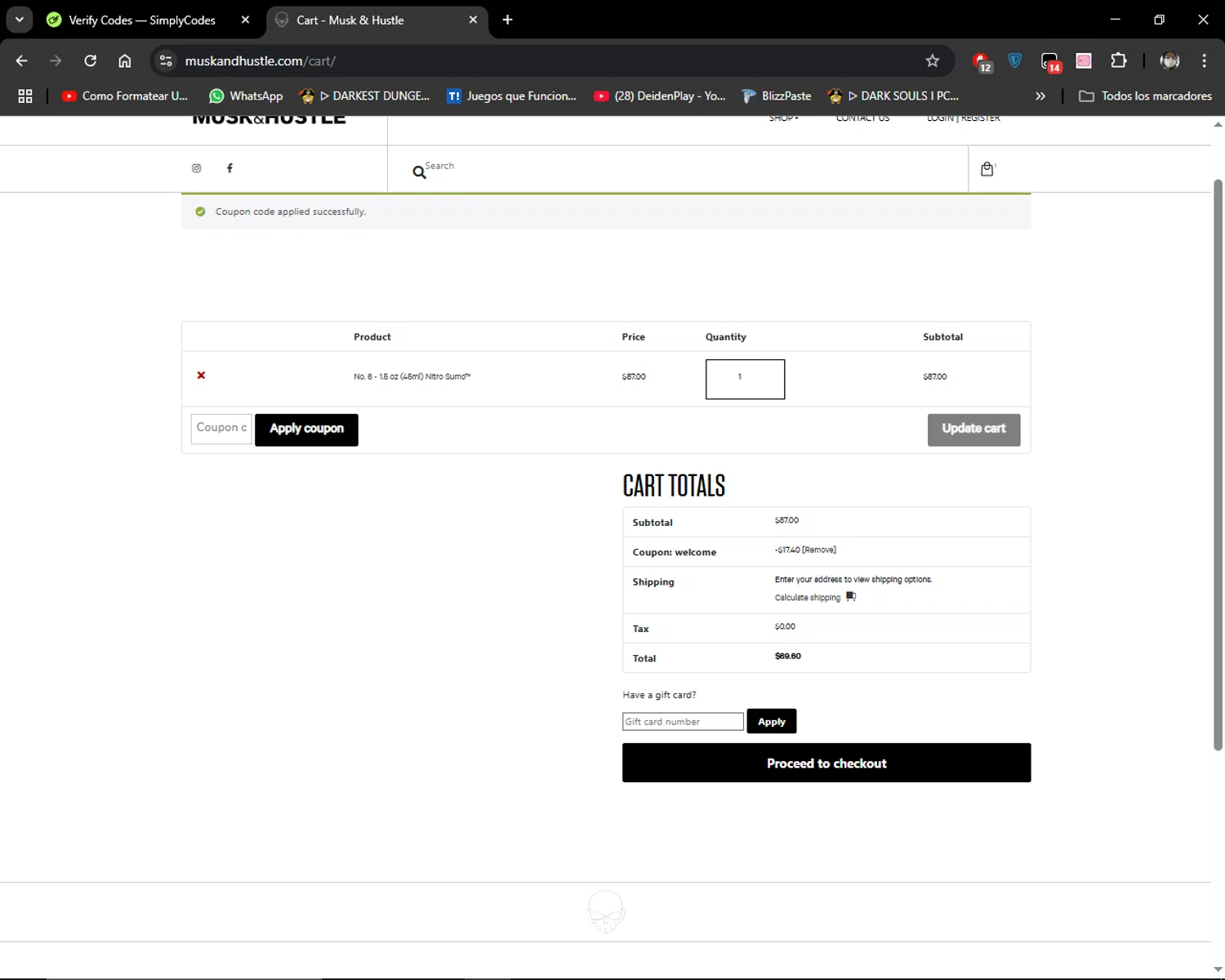 Musk & Hustle promo code screenshot showing code WELCOME applied at Musk & Hustle checkout page. Uploaded by SimplyCodes community member MiauMiau on Mar 13, 2025