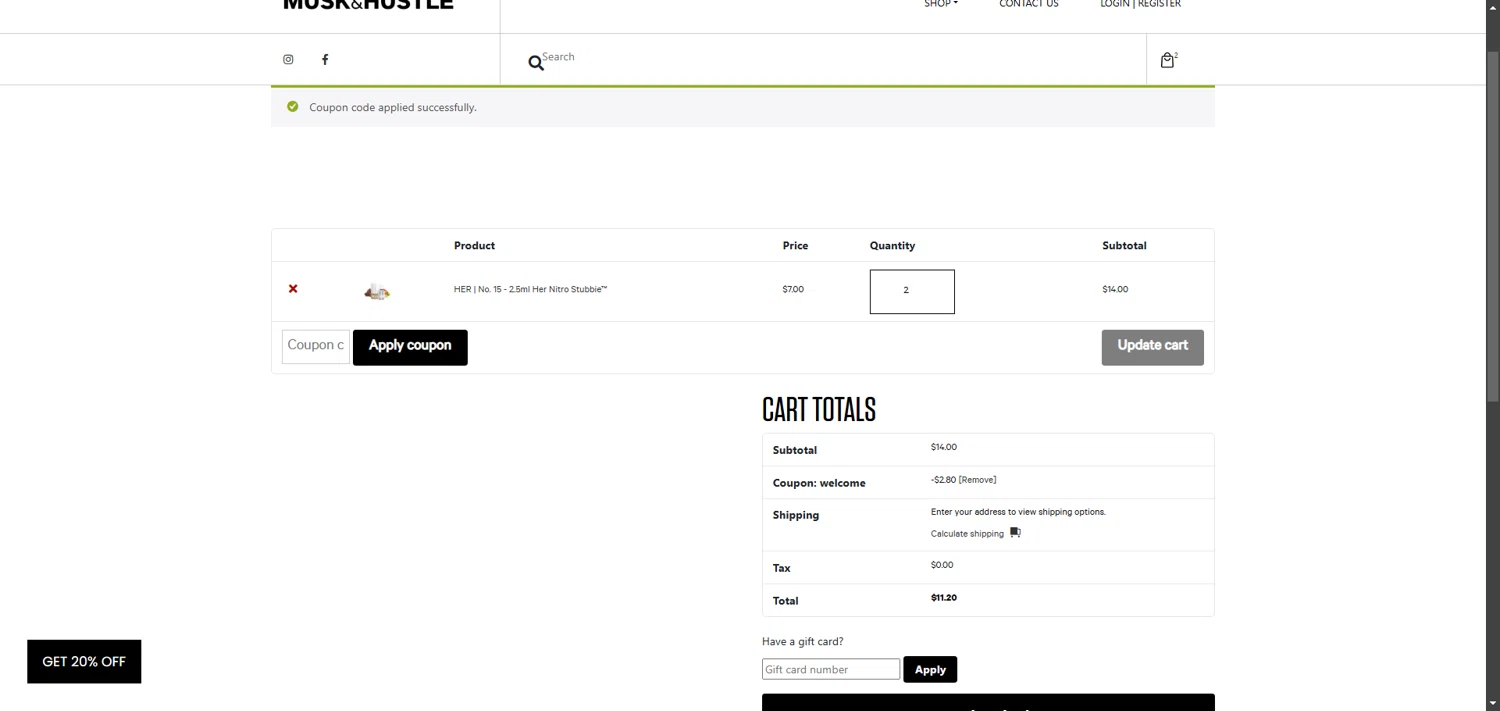 Musk & Hustle promo code screenshot showing code WELCOME applied at Musk & Hustle checkout page. Uploaded by SimplyCodes community member FrugalPhoenix2446 on May 22, 2025