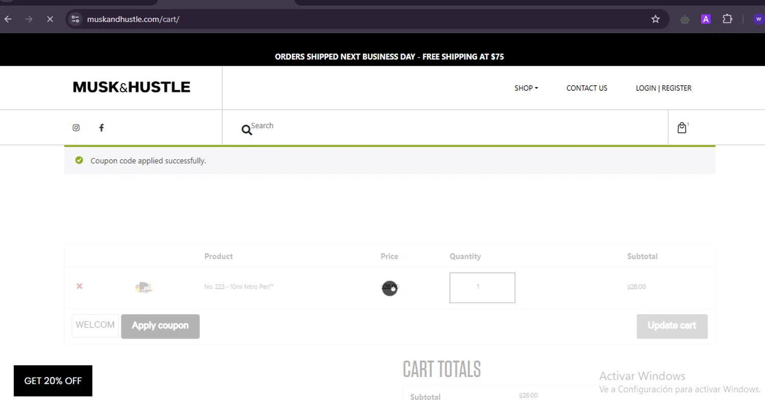 Musk & Hustle promo code screenshot showing code WELCOME applied at Musk & Hustle checkout page. Uploaded by SimplyCodes community member ValiantRanger5812 on Apr 5, 2025