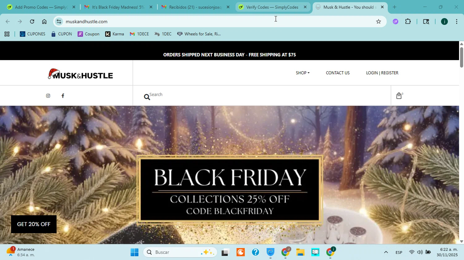 Musk & Hustle promo code screenshot showing code Spooky applied at Musk & Hustle checkout page. Uploaded by SimplyCodes community member jorgejavierherrera on Nov 30, 2025