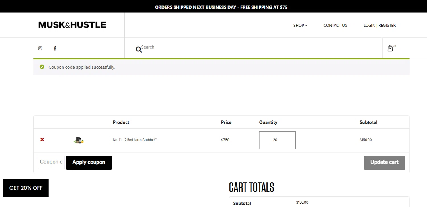 Musk & Hustle promo code screenshot showing code 20OFF120 applied at Musk & Hustle checkout page. Uploaded by SimplyCodes community member DavGutFig on Jun 20, 2025