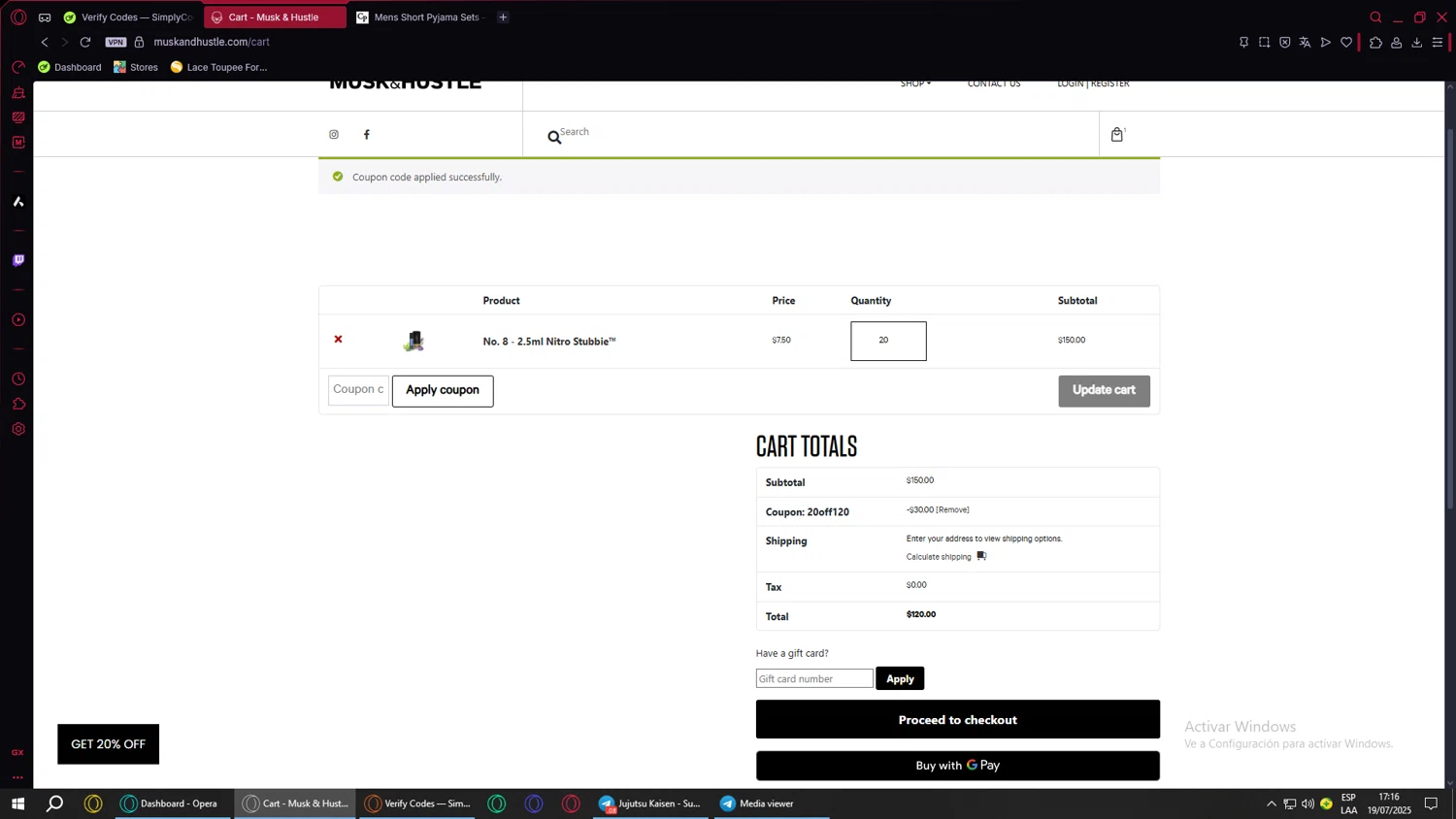Musk & Hustle promo code screenshot showing code 20OFF120 applied at Musk & Hustle checkout page. Uploaded by SimplyCodes community member ValueWarden4201 on Jul 19, 2025