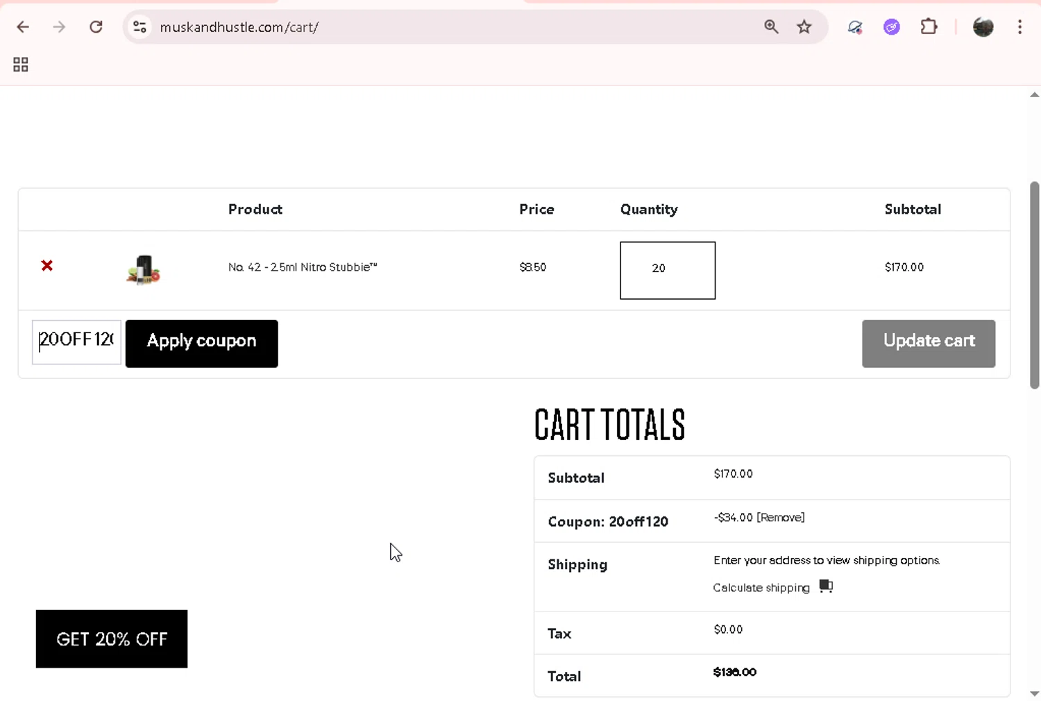 Musk & Hustle checkout page showing Musk & Hustle promo code box | Screenshot taken by SimplyCodes community member on Feb 16, 2026