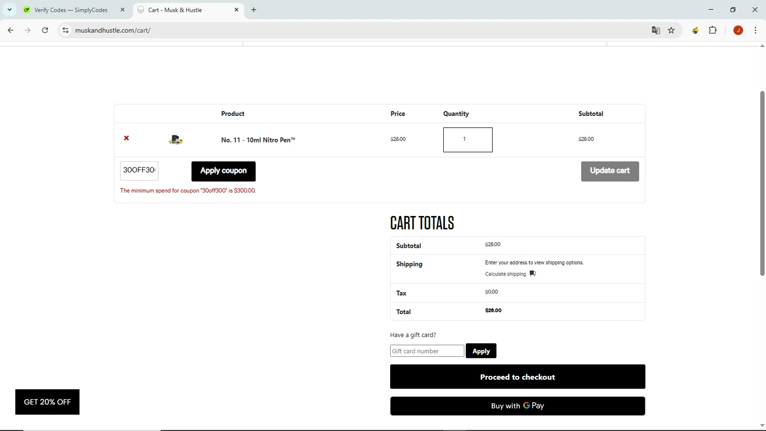 Musk & Hustle promo code screenshot showing code 30OFF300 applied at Musk & Hustle checkout page. Uploaded by SimplyCodes community member NobleMaven802 on Jul 19, 2025