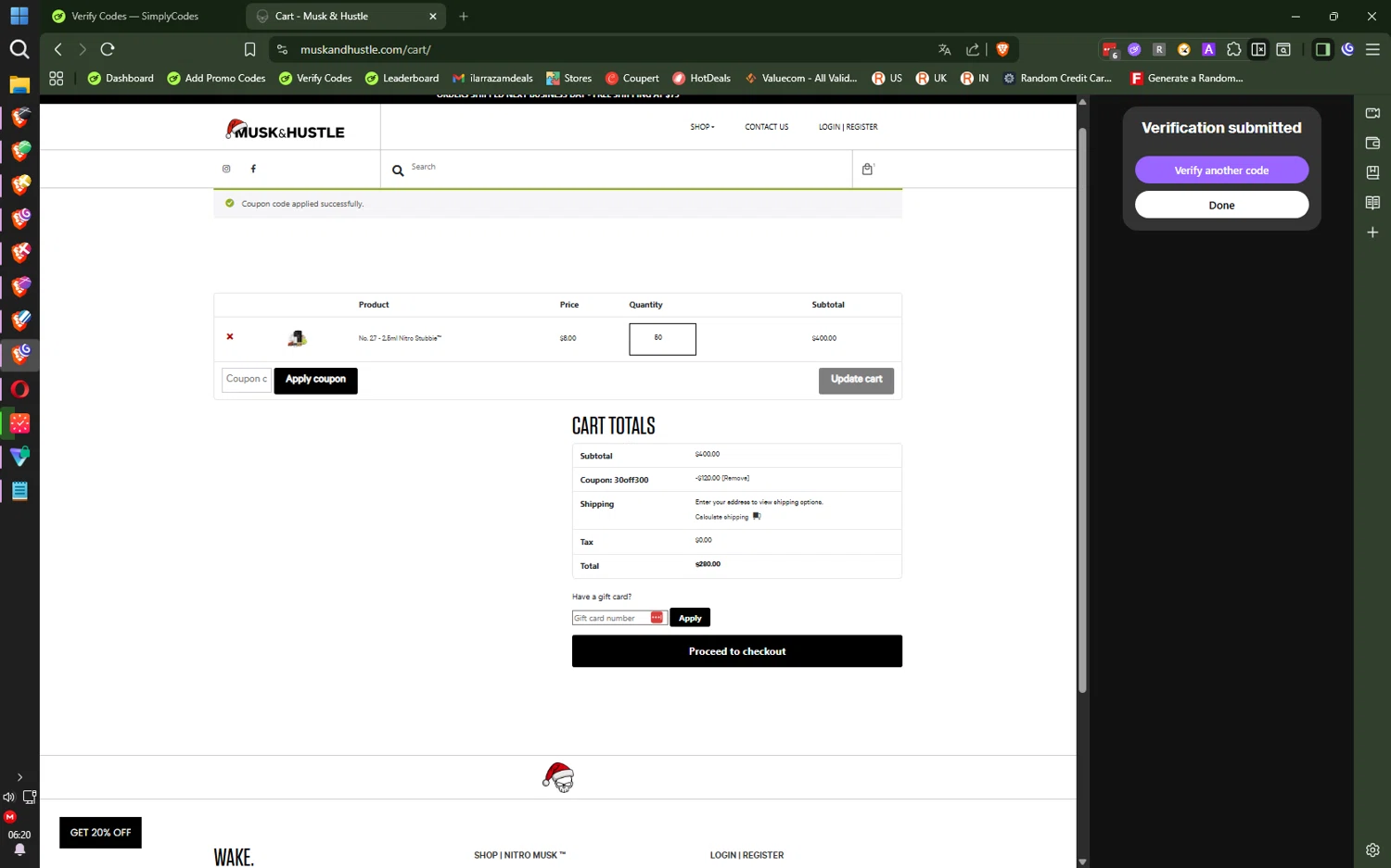 Musk & Hustle promo code screenshot showing code 30OFF300 applied at Musk & Hustle checkout page. Uploaded by SimplyCodes community member QuantumRider5931 on Dec 8, 2025